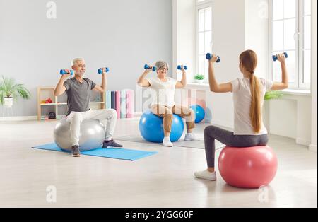 Active senior people having fitness workout with sports equipment and instructor Stock Photo