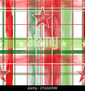 Tartan with stars red, green and white textured in watercolor look. Plaid tartan endless pattern for Christmas decorations. Stock Vector