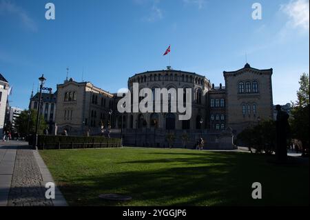 The Parliament of Norway is the Storting building, and is the seat of the Storting located at the other end of Karl Johnans Gate in central Oslo. The Stock Photo