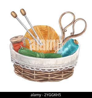 Craft basket with yarn, threads, pins, beads and scissors. Watercolor hand-drawn illustration on white background. For sewing, knitting and creative b Stock Photo