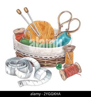 Craft basket with yarn, threads, pins, beads and scissors. Watercolor hand-drawn illustration on white background. For sewing, knitting and creative b Stock Photo