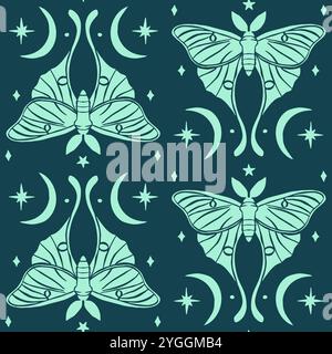 Monochrome seamless pattern with celestial luna moth and paisley motif Stock Vector