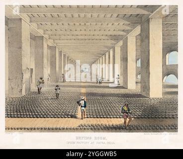 'Drying Room, Opium Factory at Patna, India' lithograph by Walter S. Sherwill (1811-1863) showing workers among rows of close to 40,000 opium balls, each in an earthenware cup being dried prior to stacking. Workers attend releasing fermentation gas from the balls when necessary. Photograph from an original lithograph published by Maclure, MacDonald & MacGregor, London. Credit: Private Collection / AF Fotografie Stock Photo