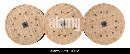Wooden heavy cable reels, three vintage wood bobbins, electric fiber optic cables drums, electrical wires spools, steel wire cables industry products Stock Photo