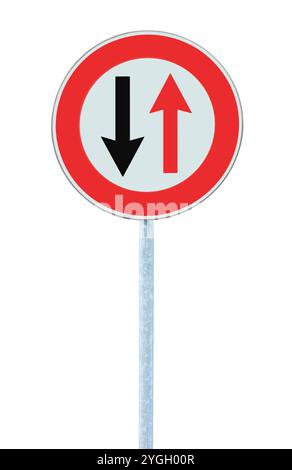 Give Way To Traffic From Opposite Direction Road Sign, Large Detailed Isolated Vertical Closeup, Grey Metallic Pole Post, Roadside Yield Arrows Metal Stock Photo