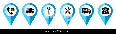 Map marker with icon of a service vector illustration, set of colorful flat design buttons for web design and mobile apps Stock Vector