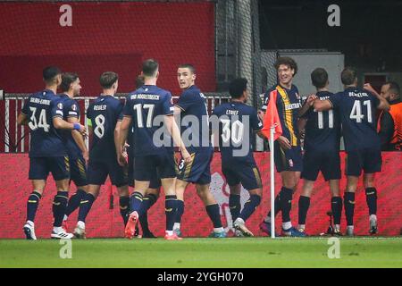 Nice, France, France. 7th Nov, 2024. Daan ROTS of FC Twente celebrate his goal with teammates during the UEFA Europa League, League Phase MD4 match between OGC Nice and FC Twente at Allianz Riviera Stadium on November 07, 2024 in Nice, France. (Credit Image: © Matthieu Mirville/ZUMA Press Wire) EDITORIAL USAGE ONLY! Not for Commercial USAGE! Stock Photo