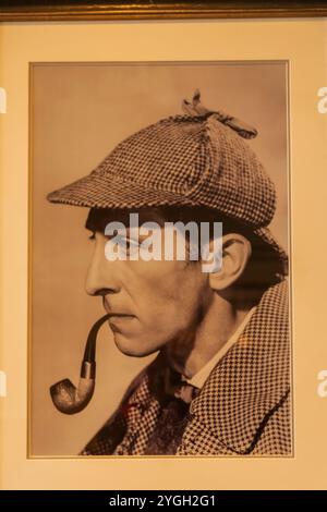 England, Kent, Whitstable, The Peter Cushing Wetherspoon Pub, Portrait of the Actor Peter Cushing dressed as Sherlock Holmes Stock Photo