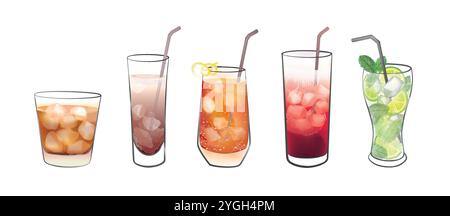 Cocktail set. Highball cocktail glasses with beverages. Mojito drinks, whiskey and soda, sidecar Stock Vector
