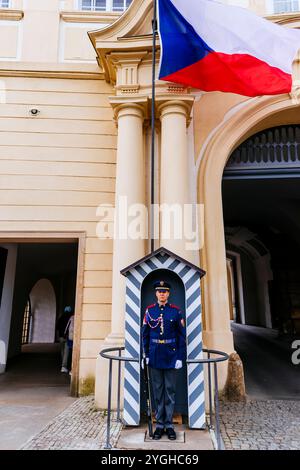 Prague Castle Guard and Czech flag. Prague Castle complex. Prague, Czech Republic, Europe Stock Photo