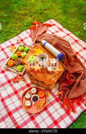 Autumn picnic in a park with pumpkin cupcakes and muffins, coffee and tea Stock Photo