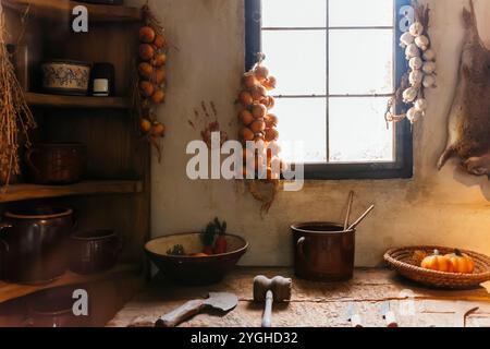 Recreation of the family atmosphere of the inhabitants of the small houses. The Golden Lane, iconic places of Prague Castle. Prague Castle complex. Pr Stock Photo