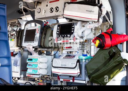 Interior view of a Airbus H145 LUH rescue helicopter with medical emergency equipment. Fassberg, Germany - Jun 8, 2024 Stock Photo