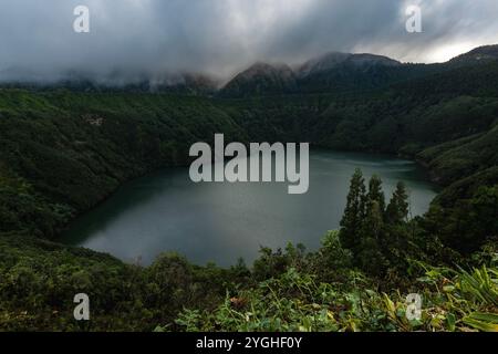 Lagoa de Santiago is a crater lake closely linked to the volcanic formation of the Sete Cidades Massif on the Sao Miguel Island, Azores. Stock Photo