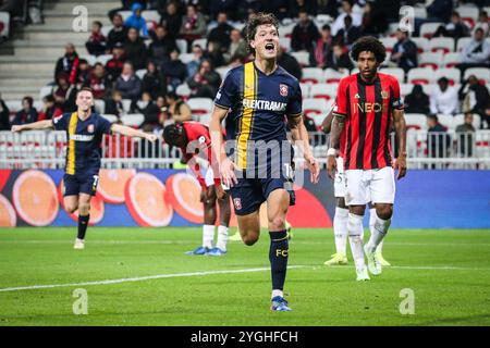 Nice, France, France. 7th Nov, 2024. Sam LAMMERS of FC Twente celebrates his goal during the UEFA Europa League, League Phase MD4 match between OGC Nice and FC Twente at Allianz Riviera Stadium on November 07, 2024 in Nice, France. (Credit Image: © Matthieu Mirville/ZUMA Press Wire) EDITORIAL USAGE ONLY! Not for Commercial USAGE! Stock Photo