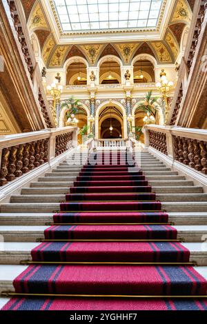 Interior grand staircase with red carpet in the National Museum (in Czech 'Národní muzeum'), built by Czech architect Josef Schulz, Prague, Czechia Stock Photo