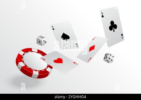 playing cards chips and dice flying casino background Stock Vector