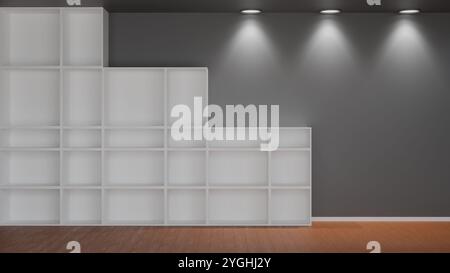 White bookshelf with empty cubes on a gray wall. Perfect for mockups or as a background for interior design projects. 3d rendering. Stock Photo