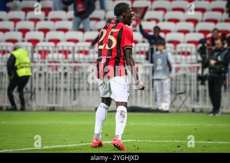 Nice, France, France. 7th Nov, 2024. Mohamed-Ali CHO of Nice celebrates his goal during the UEFA Europa League, League Phase MD4 match between OGC Nice and FC Twente at Allianz Riviera Stadium on November 07, 2024 in Nice, France. (Credit Image: © Matthieu Mirville/ZUMA Press Wire) EDITORIAL USAGE ONLY! Not for Commercial USAGE! Stock Photo