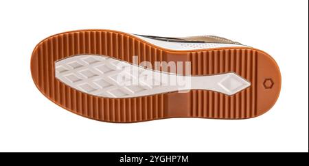 Orange white sport shoe sole cutout. Stylish sneakers outsole isolated on a white background. Comfortable sneakers for walking and running concept. Stock Photo