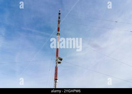 Hessisch Lichtenau, antenna structures and transmission systems of Hessischer Rundfunk on mountain Hoher Meißner in North Hesse, Hesse, Germany Stock Photo