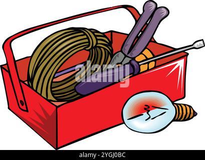 illustration of  a screwdriver and pliers from the toolbox to fix the light bulb. Stock Vector