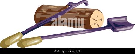 An abstract illustration shows a wood shovel by a log fire. Stock Vector