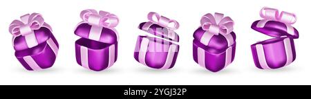 Set of realistic 3d render gift boxes. Purple gift box with pink bow and ribbon. Gift box in different angles. Vector illustration Stock Vector