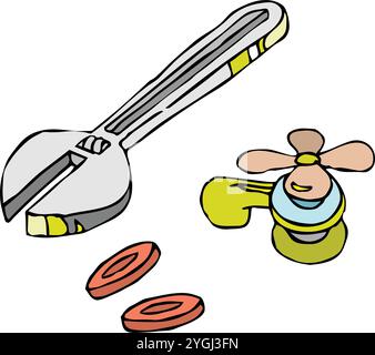 An abstract vector illustration shows a wrench, faucet, and tool washer. Stock Vector