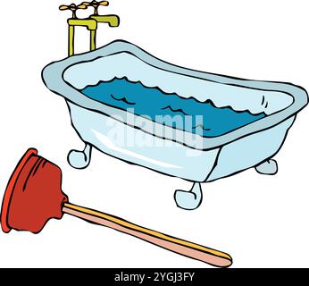 An abstract vector illustration shows a tool fixing a clogged bathtub drain. Stock Vector