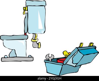 abstract vector illustration shows a wrench and toolbox fixing a toilet . Stock Vector