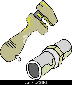An abstract vector illustration shows a pipe wrench fastening a nut coupling. Stock Vector