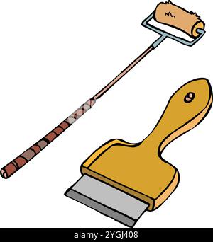Decorative drawing tools accessoires with flat fan paintbrush and pen poster doodle sketch isolated illustration Stock Vector
