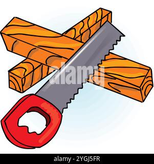 hand saw sawing a tree cutting wood and logging wood industry concept isolated vector illustration in flat cartoon style Stock Vector