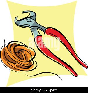 A cartoon style vector illustration shows a construction tool wrench with wire. Stock Vector