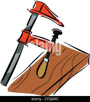 Wrench clamp hand drawn isolated work object, colored outline illustration. Stock Vector