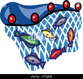 Commercial fishing ship with full fish big net in cartoon style Stock Vector