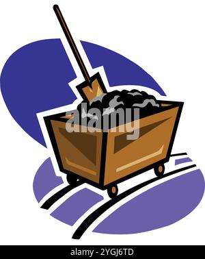 An abstract vector illustration shows a cartoon style shovel track and rolling cart used for mining coal in the industry. Stock Vector