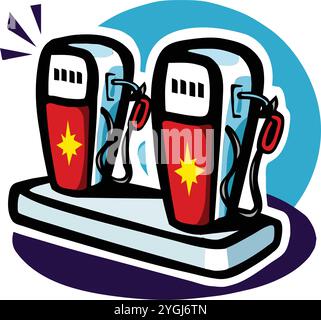 An abstract vector illustration shows a fuel pump at a gas station in a cartoon style. Stock Vector