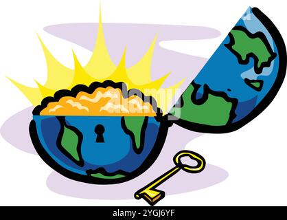 An abstract vector illustration shows a globe-shaped box containing minerals beside gold key in a cartoon style. Stock Vector