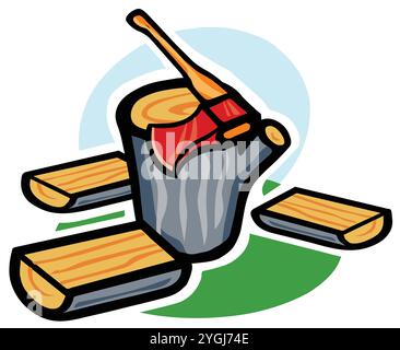 An abstract vector illustration shows a cartoon style construction tool, a chopping axe for cutting logs. Stock Vector