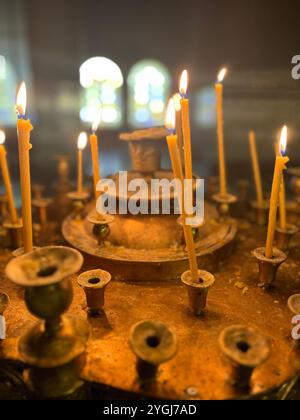 Orthodox church burning candles on a stand in St. Alexander Nevsky Patriarchal Cathedral interior in Sofia Bulgaria, Eastern Europe, Balkans, EU Stock Photo