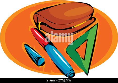 An abstract vector illustration shows a case, pencil, ruler  and protractor in a cartoon style. Stock Vector