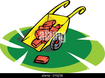 An abstract vector illustration shows a construction cart carrying concrete bricks in a cartoon style. Stock Vector