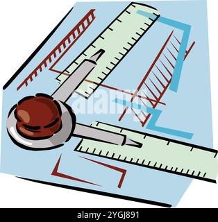 Pencil, ruler, triangle, compass on graph paper background vector illustration Stock Vector