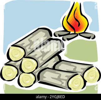 Firewood flat elements collection with tree stump branches cut logs circular segments planks campfire isolated vector Stock Vector