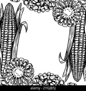 A frame with corn cobs, sliced and a handful of grains. Vector graphic composition. A black and white hand-drawn illustration. On a white background. Stock Vector