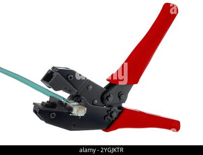 Ethernet Crimping Tool with Red Handles and Cable Stock Photo