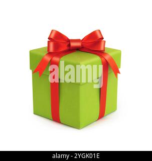 Green gift box with red ribbon bow isolated on white Stock Photo