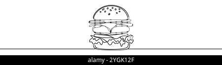 One continuous line illustration of a hamburger. Line art of hamburger Stock Vector